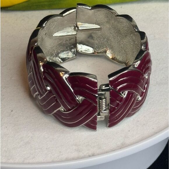 Chunky Plum and Silver Braided Design Hinged Bangle Bracelet NWOT - Picture 8 of 11